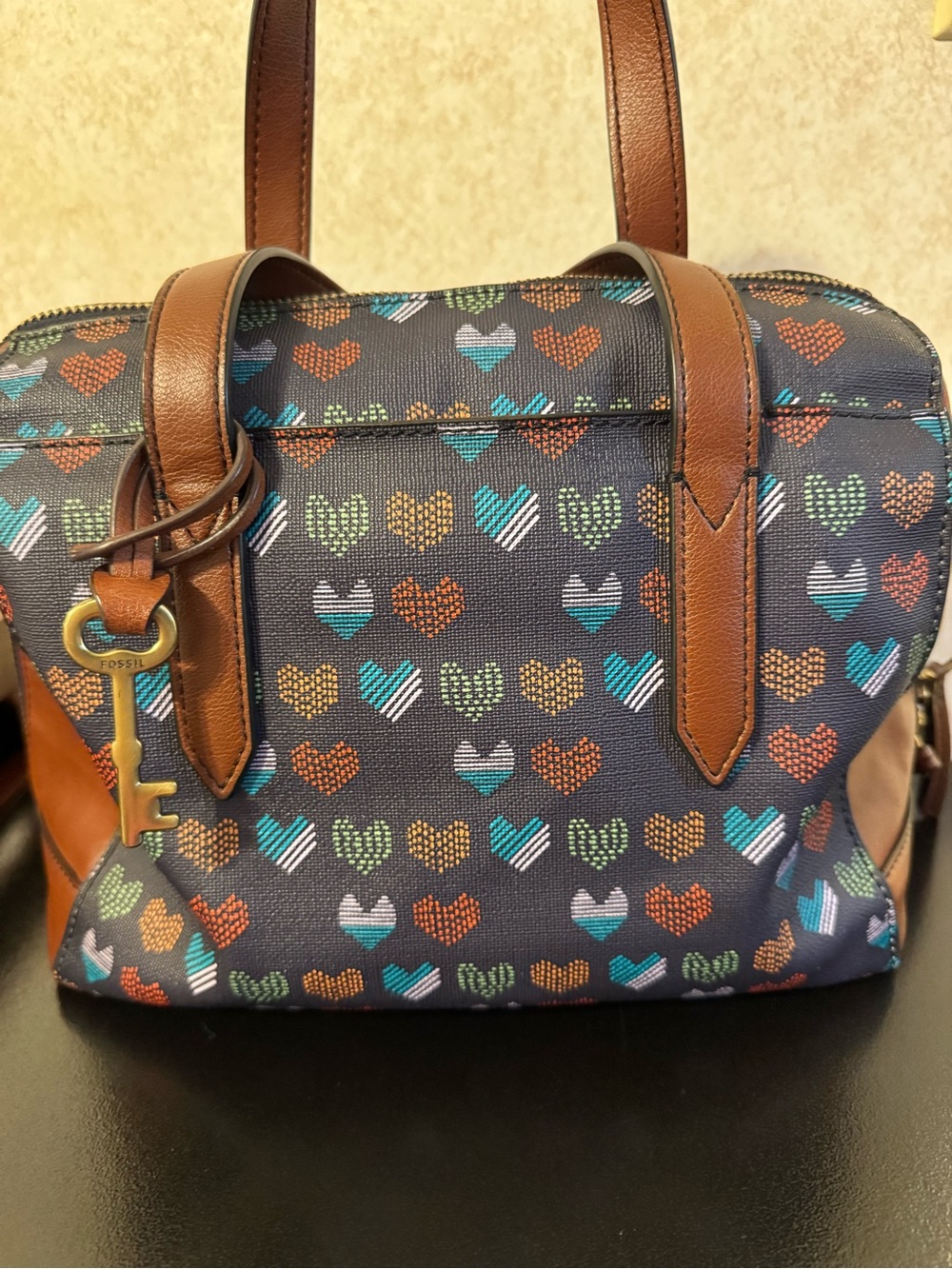 Fossil Navy Satchel with Multicolor Heart Pattern and Brown Leather Trim